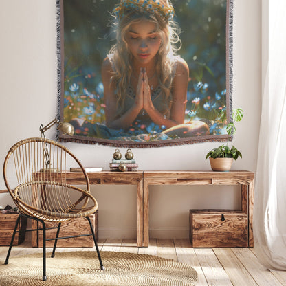 Girl Praying in Floral Meadow Woven Throw Blanket - Awakening Righteousness