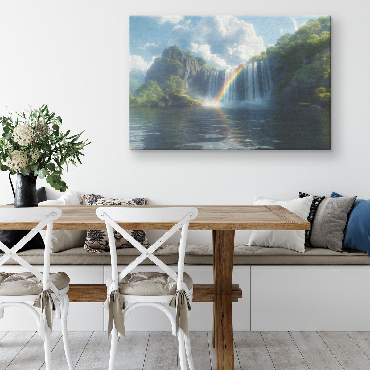 Glorious Double Rainbow Over Majestic Waterfall Lush Green Cliffs Sparkling Sunlight Scenic Canvas Wall Art Decor - Awakening Righteousness