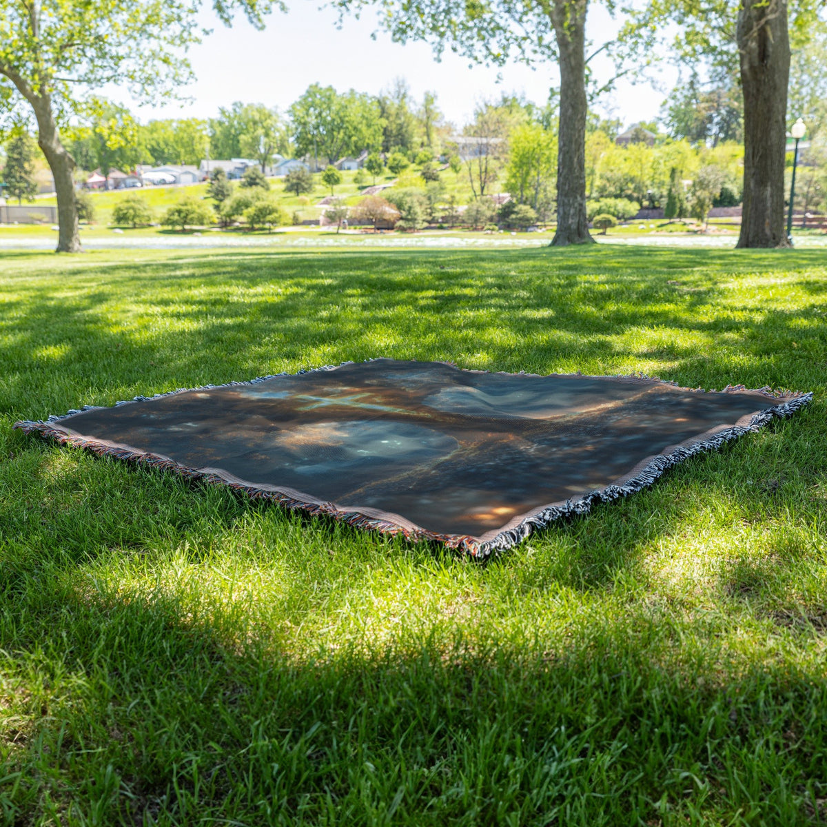 Glowing Cross Surrounded by Ancient Tree in Mystical Forest Woven Throw Blanket for Spiritual Home Decor - Awakening Righteousness