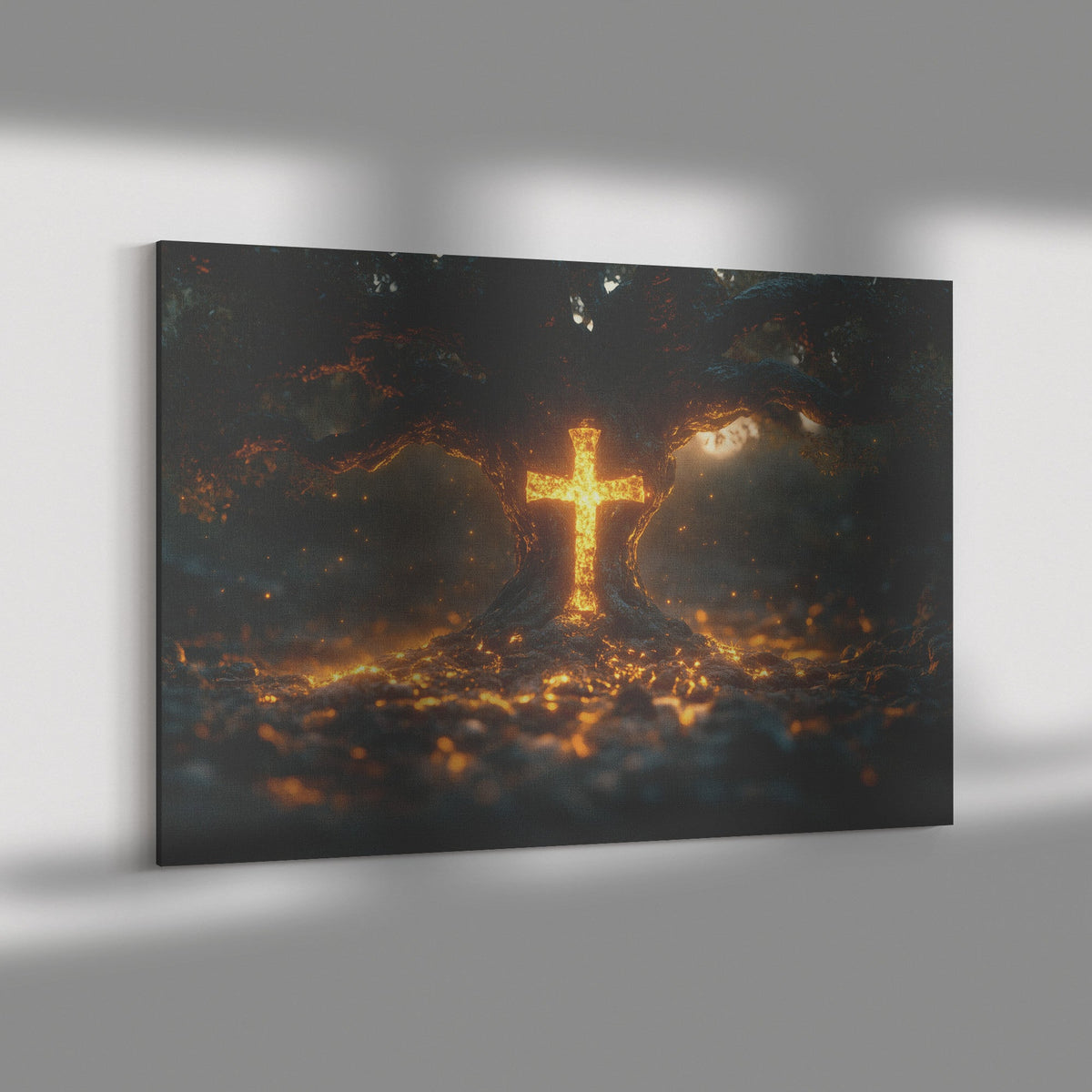 Glowing Cross Within Tree of Life Christian Canvas Wall Art Decor for Faith and Spiritual Reflection - Awakening Righteousness