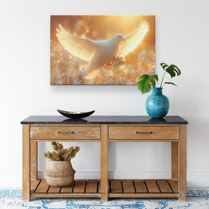 Glowing Dove with Olive Branch Christian Canvas Wall Art for Faithful Home Decor and Peaceful Inspiration - Awakening Righteousness