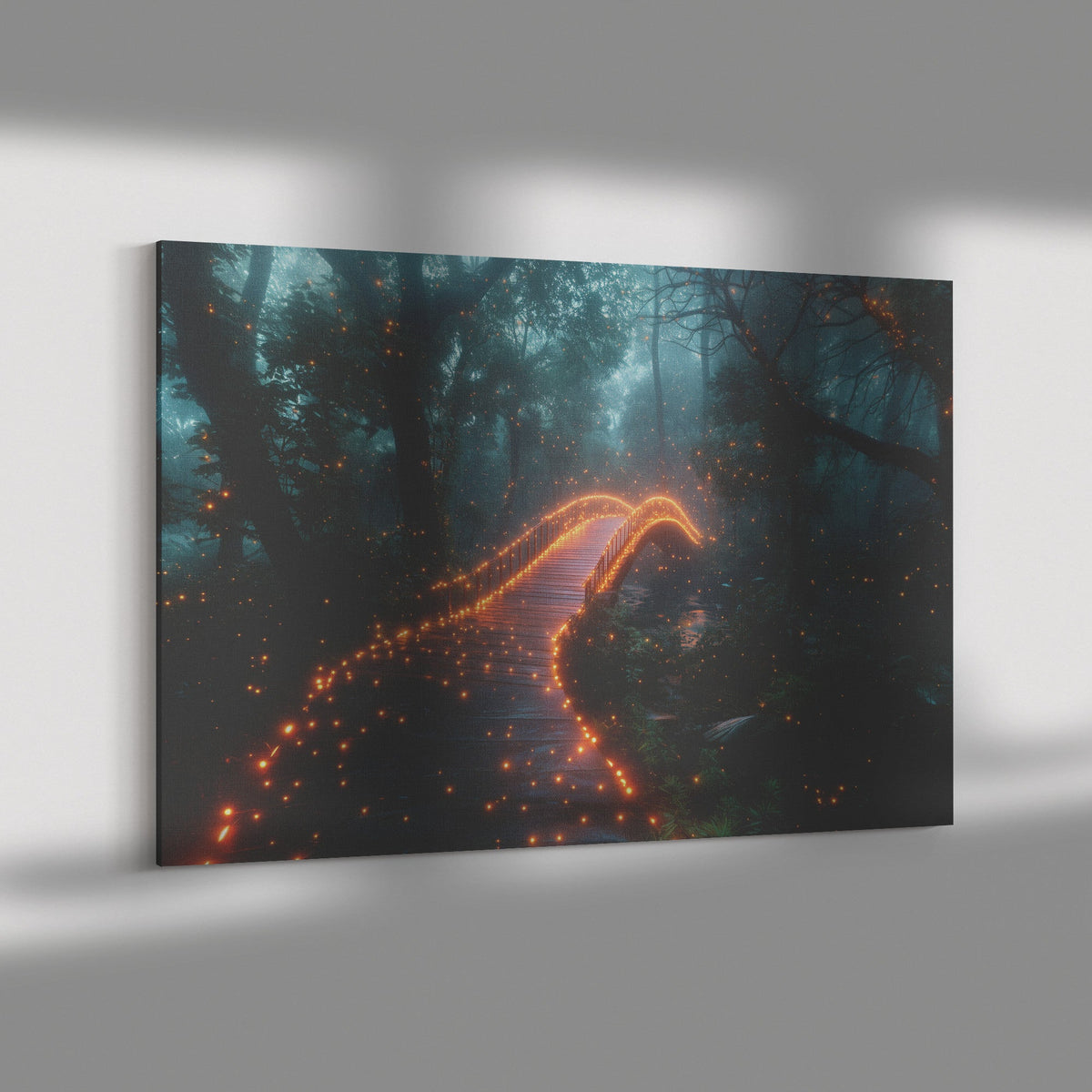 Glowing Rainbow Bridge Across Mystical Forest Vibrant Trees Sparkling Light Mist Golden Glow Canvas Wall Art - Awakening Righteousness