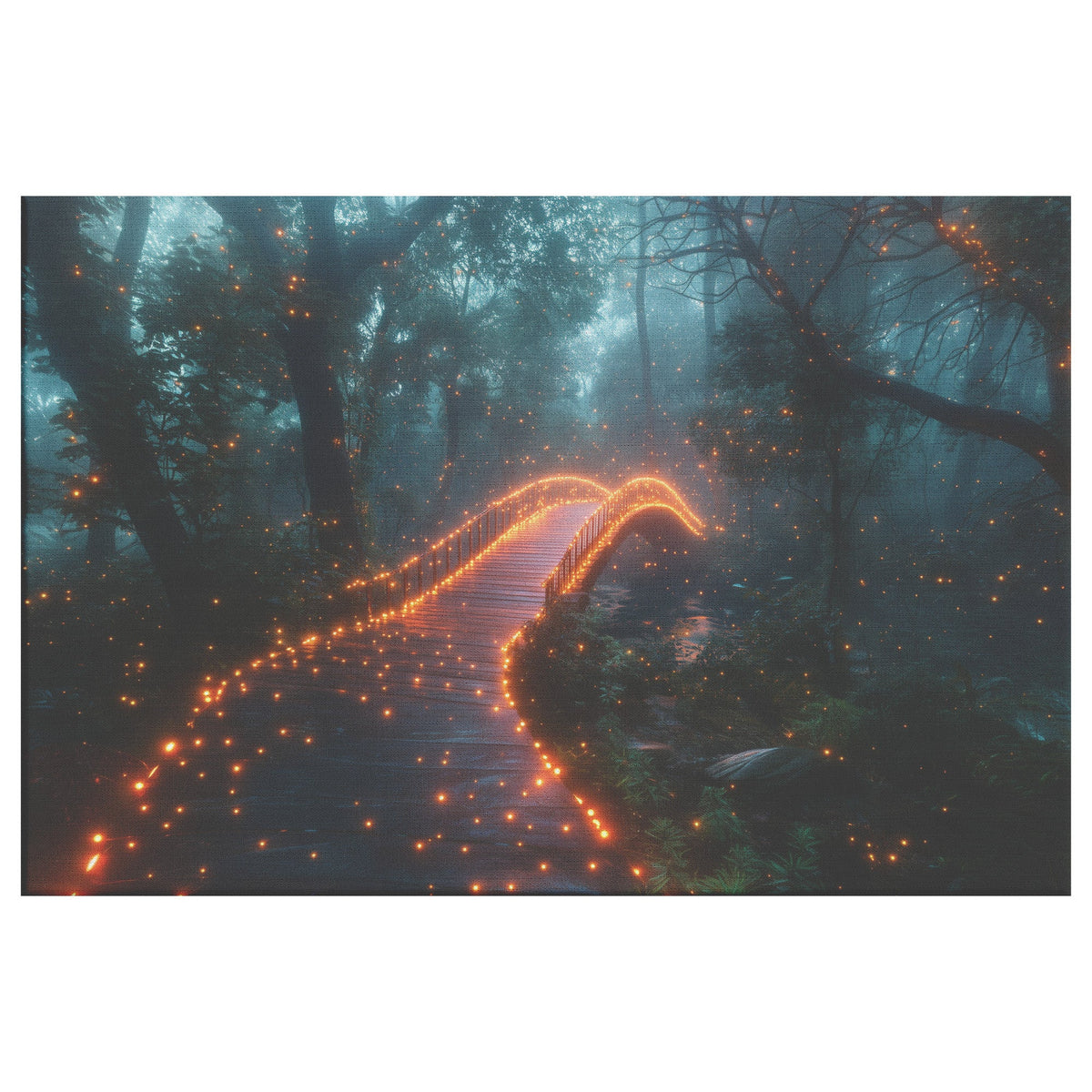 Glowing Rainbow Bridge Across Mystical Forest Vibrant Trees Sparkling Light Mist Golden Glow Canvas Wall Art - Awakening Righteousness