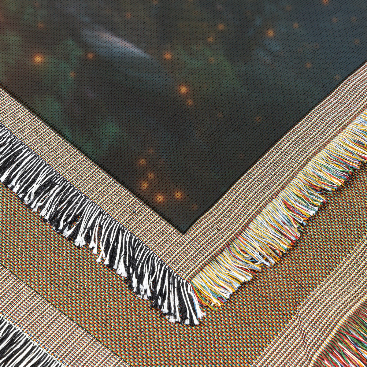 Glowing Rainbow Bridge Arching Across Mystical Forest with Vibrant Trees Sparkling Light Mist Golden Glow Woven Throw Blanket - Awakening Righteousness
