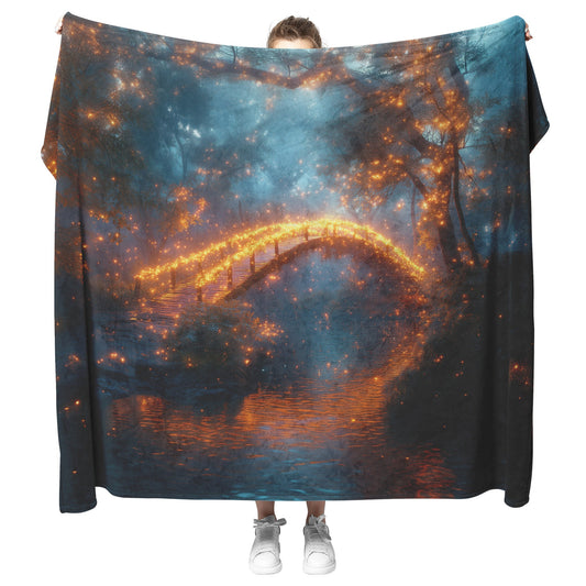 Glowing Rainbow Bridge Over Mystical Forest Vibrant Trees Sparkling Light Mist Enchanted Golden Light Fleece Sherpa Blanket - Awakening Righteousness