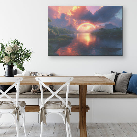 Glowing Rainbow Over Peaceful River Valley Lush Green Hills Sparkling Reflections Mist Radiant Light Canvas Wall Art - Awakening Righteousness
