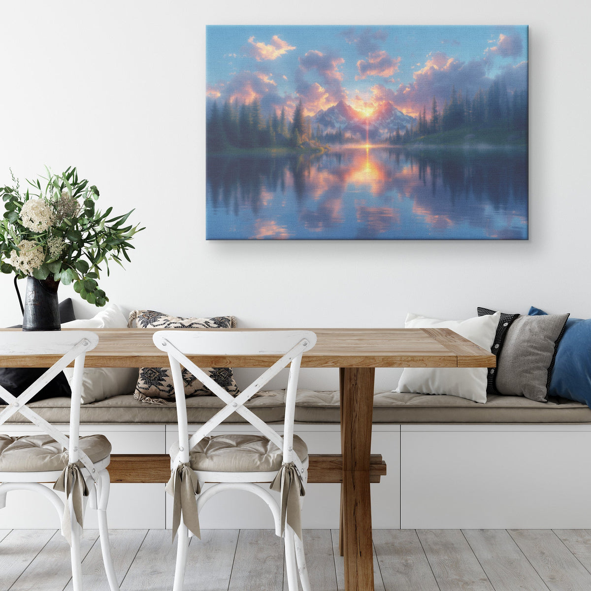 Glowing Rainbow Reflected in Mountain Lake Snowy Peaks Misty Clouds Golden Light Scenic Canvas Wall Art Decor - Awakening Righteousness