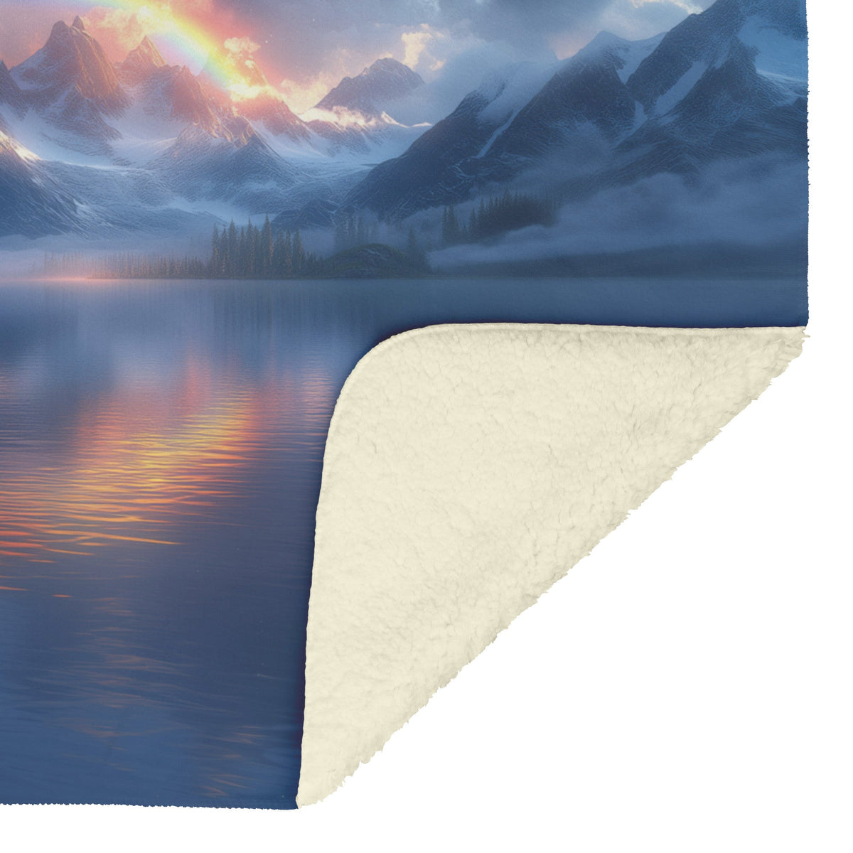 Glowing Rainbow Reflected in Serene Mountain Lake Snowy Peaks Misty Clouds Golden Light Fleece Sherpa Blanket - Awakening Righteousness