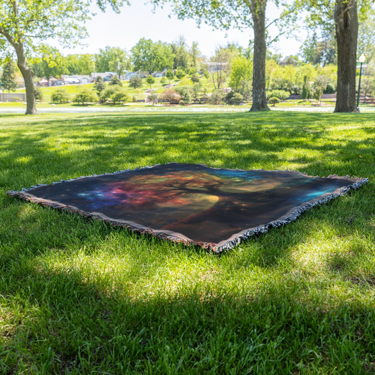 Glowing Rainbow Tree of Life Surrounded by Stars and Reflecting Pond Woven Throw Blanket for Home Decor - Awakening Righteousness