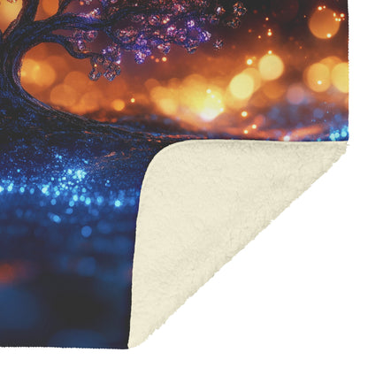 Glowing Tree of Life with Sparkling Lights on Mystical Landscape Fleece Sherpa Blanket Ultra Soft Cozy Perfect Gift - Awakening Righteousness