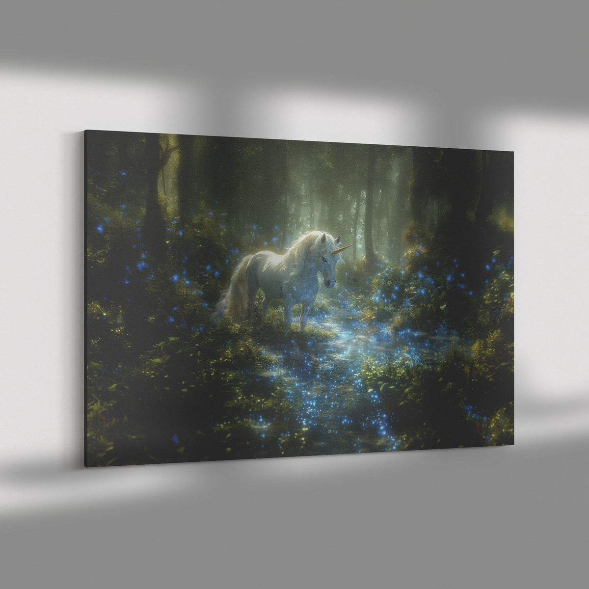 Glowing White Unicorn in Magical Forest Surrounded by Bioluminescent Plants and Ethereal Light Canvas Wall Art Decor - Awakening Righteousness