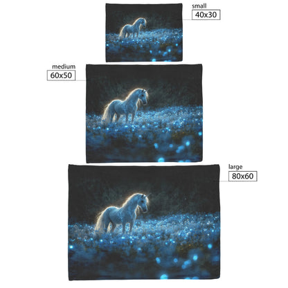 Glowing White Unicorn in Magical Forest Surrounded by Bioluminescent Plants and Ethereal Light Fleece Sherpa Blanket - Awakening Righteousness