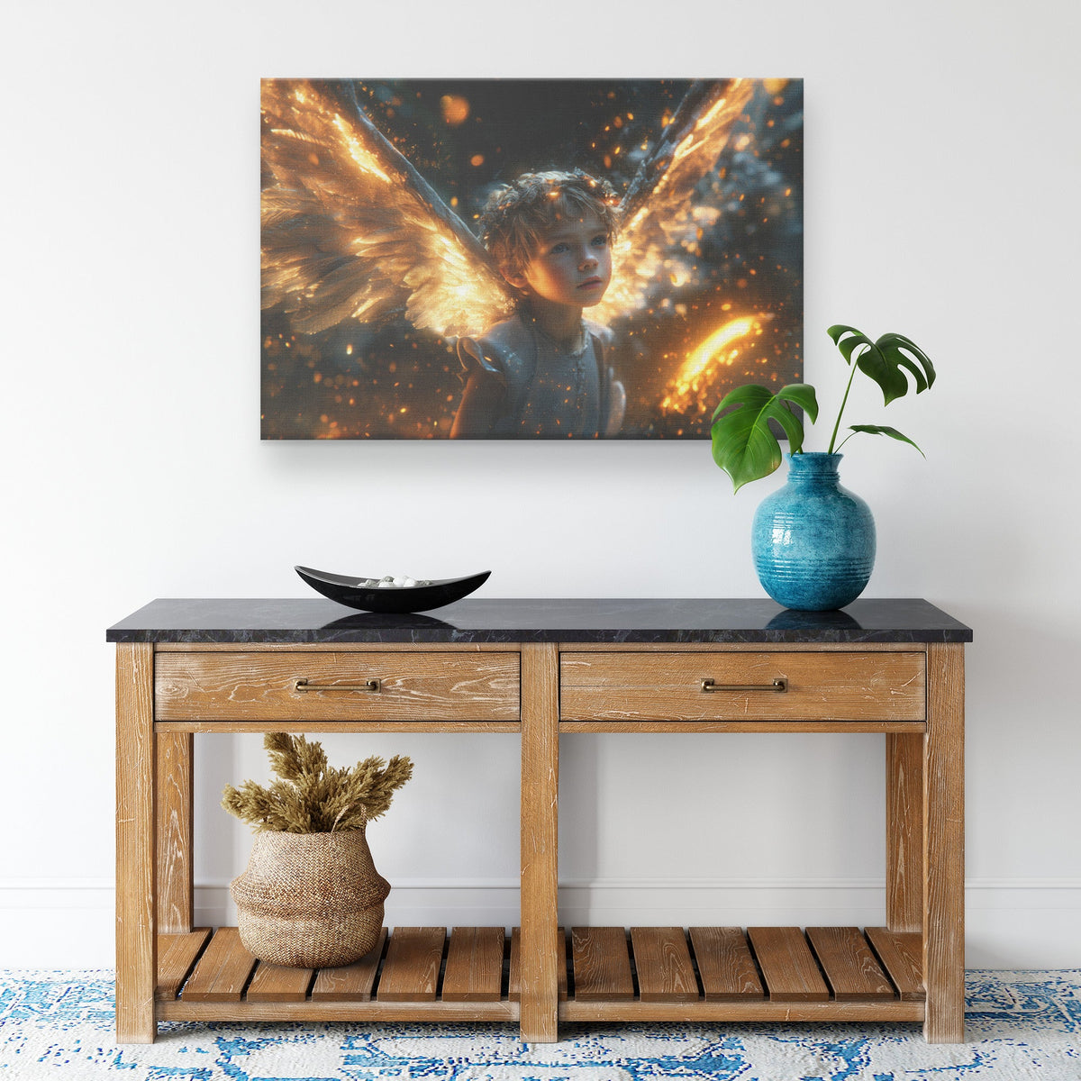 Golden Angelic Child with Glowing Wings in Enchanted Light Canvas Wall Art Decor - Awakening Righteousness