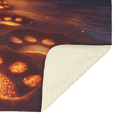 Golden Dog Paw Prints Glowing on Sandy Beach at Sunrise with Waves Brushing Shore Natural Scenery Sherpa Blanket - Awakening Righteousness