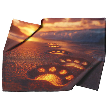 Golden Dog Paw Prints Glowing on Sandy Beach at Sunrise with Waves Brushing Shore Natural Scenery Sherpa Blanket - Awakening Righteousness