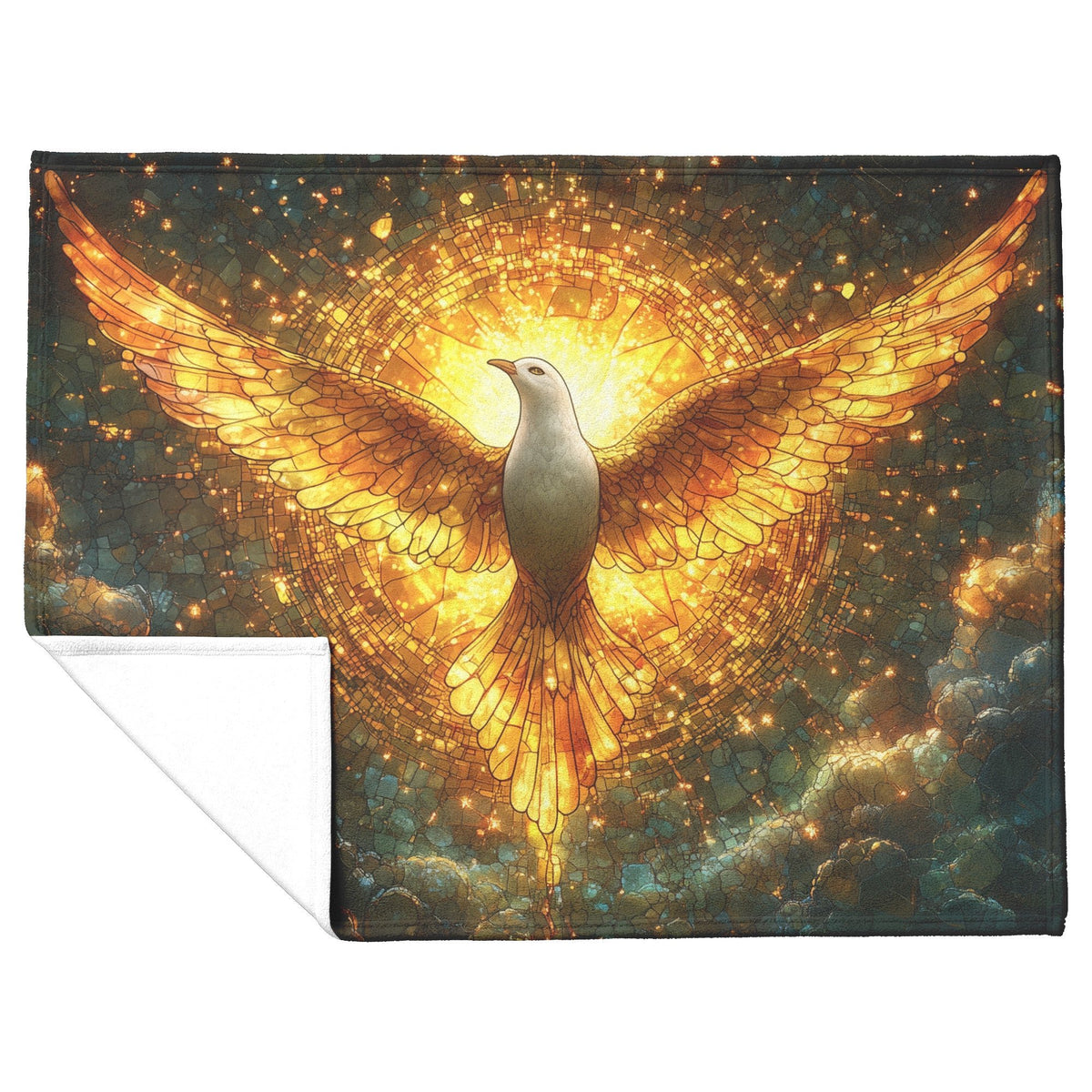Golden Dove Stained Glass Fleece Sherpa Blanket Radiant Christian Art Cozy Inspirational Home Decor Gift - Awakening Righteousness