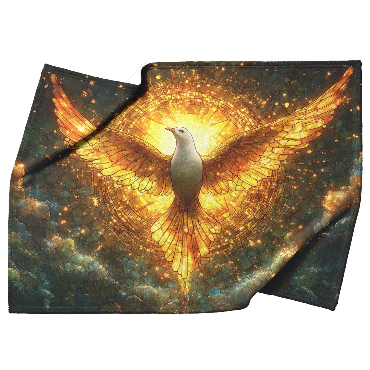 Golden Dove Stained Glass Fleece Sherpa Blanket Radiant Christian Art Cozy Inspirational Home Decor Gift - Awakening Righteousness