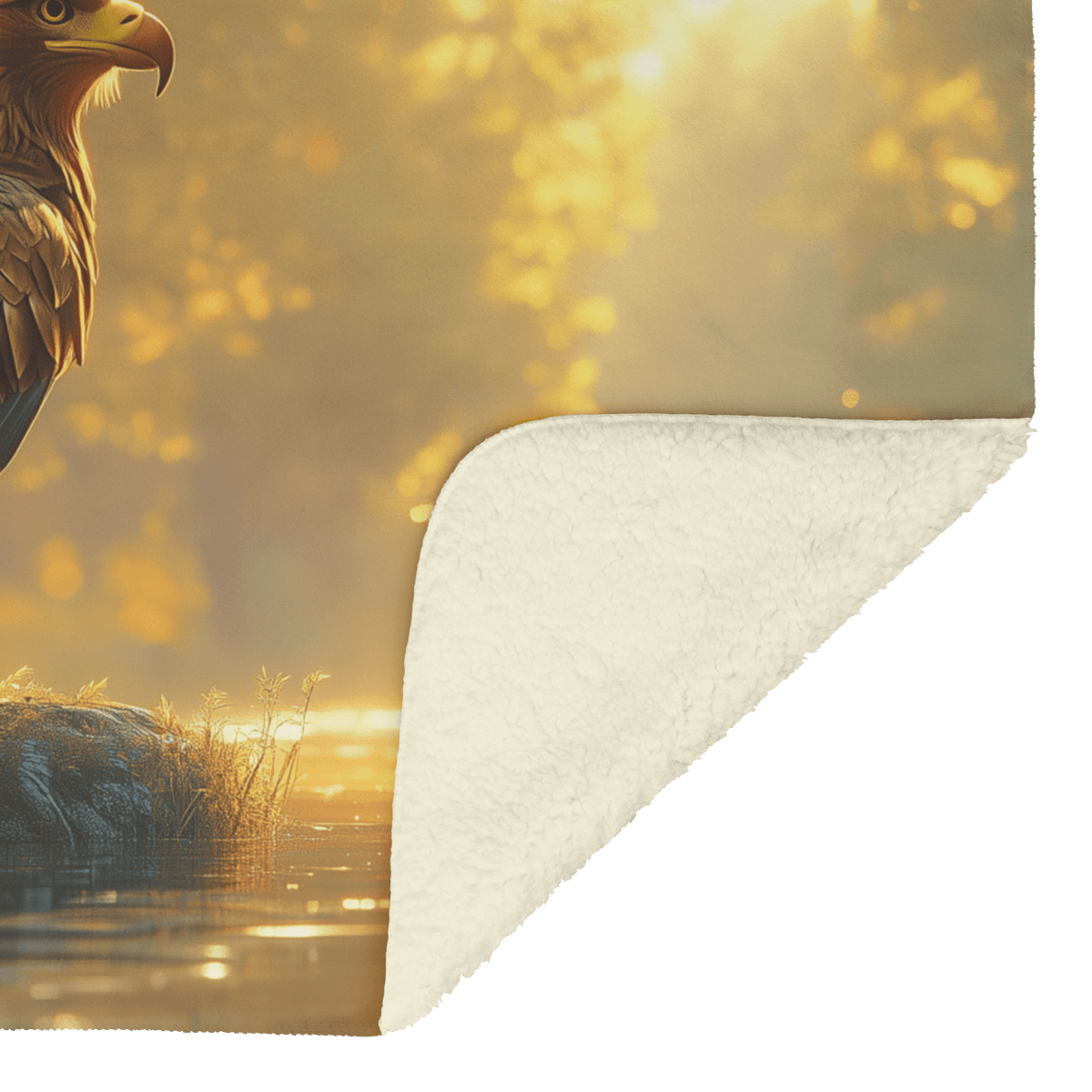 Golden Eagle Resting Near Glowing River Surrounded by Ancient Trees and Shimmering Golden Light Fleece Sherpa Blanket - Awakening Righteousness