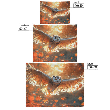 Golden Feathered Owl Flying Through Glowing Autumn Forest Warm Sunlight Fleece Sherpa Blanket - Awakening Righteousness
