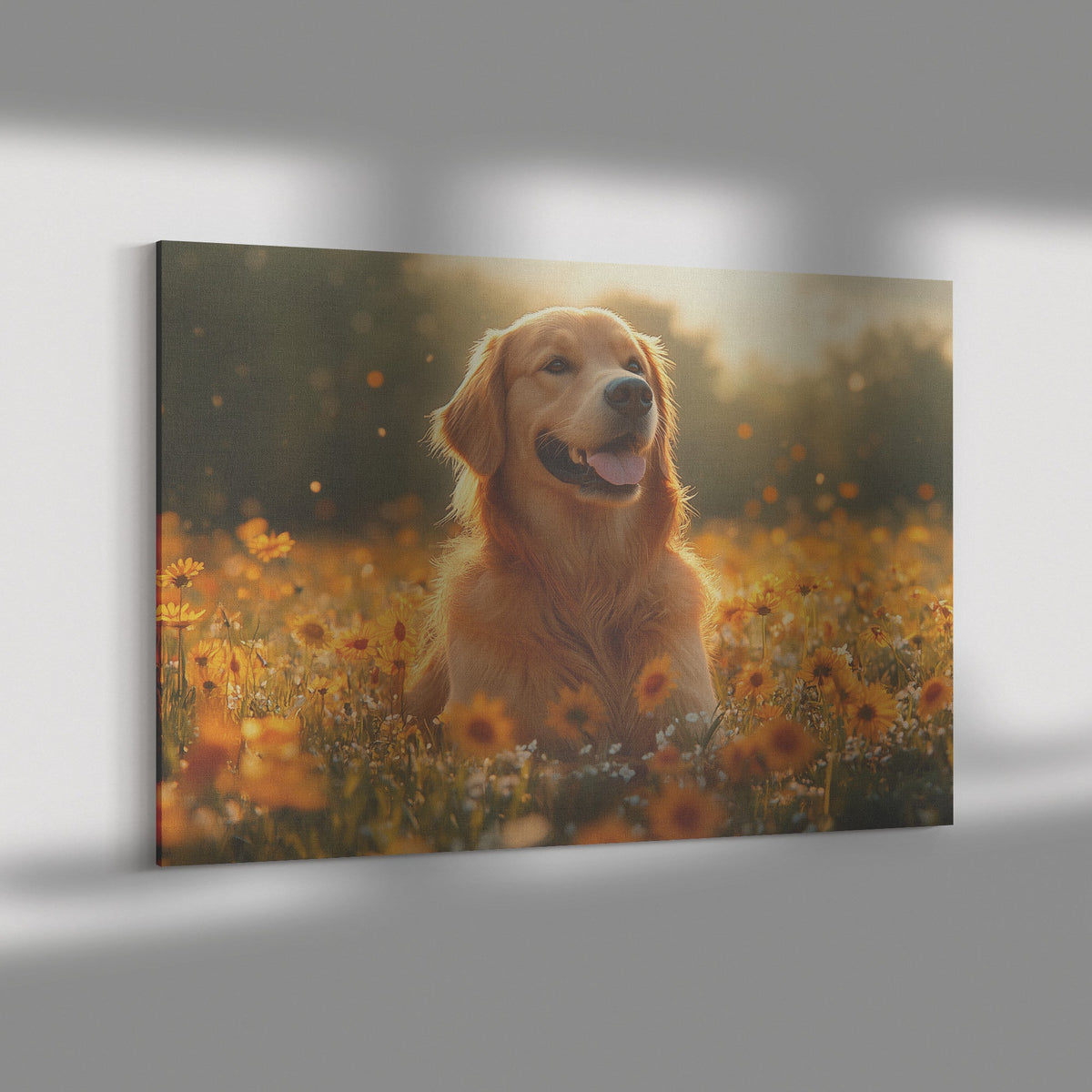 Golden Retriever Sitting Happily in Sunny Meadow Surrounded by Wildflowers with Glowing Sunlight Canvas Wall Art Decor - Awakening Righteousness