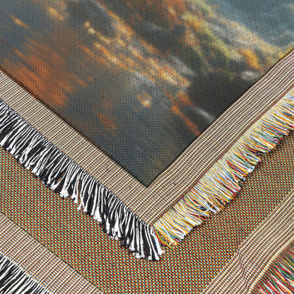 Golden Tree by Reflective Lake Woven Throw Blanket - Awakening Righteousness