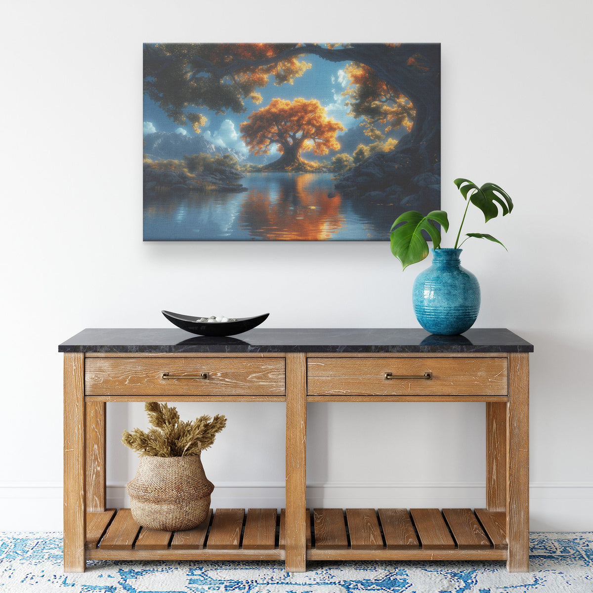 Golden Tree of Life by Serene Lake with Mountain View Canvas Wall Art Decor - Awakening Righteousness
