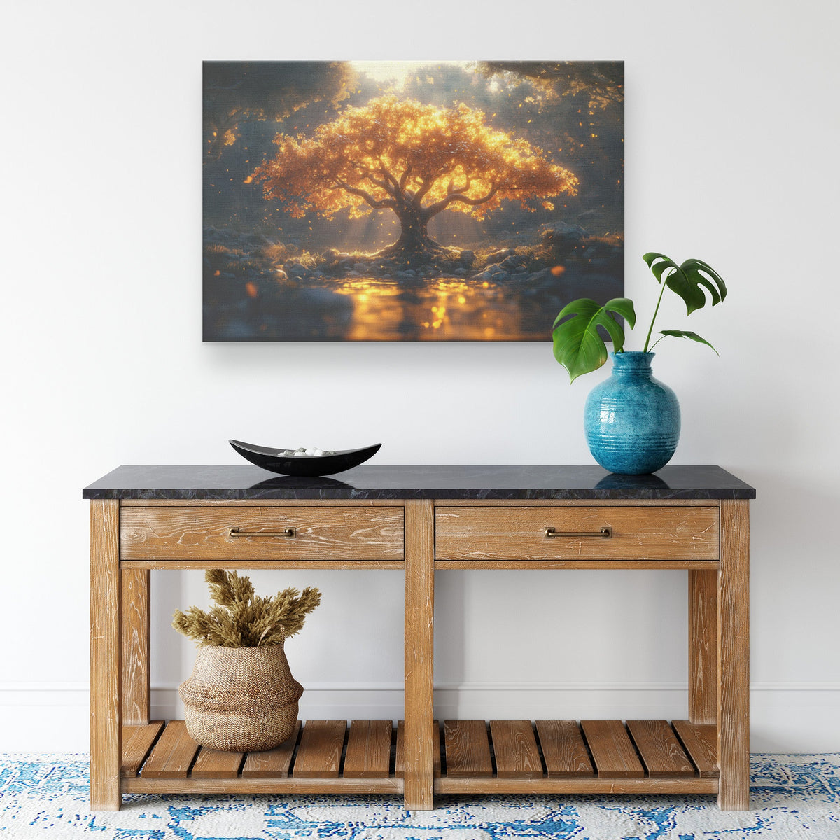 Golden Tree of Life Glowing with Light Surrounded by River and Dense Forest Canvas Wall Art Decor - Awakening Righteousness