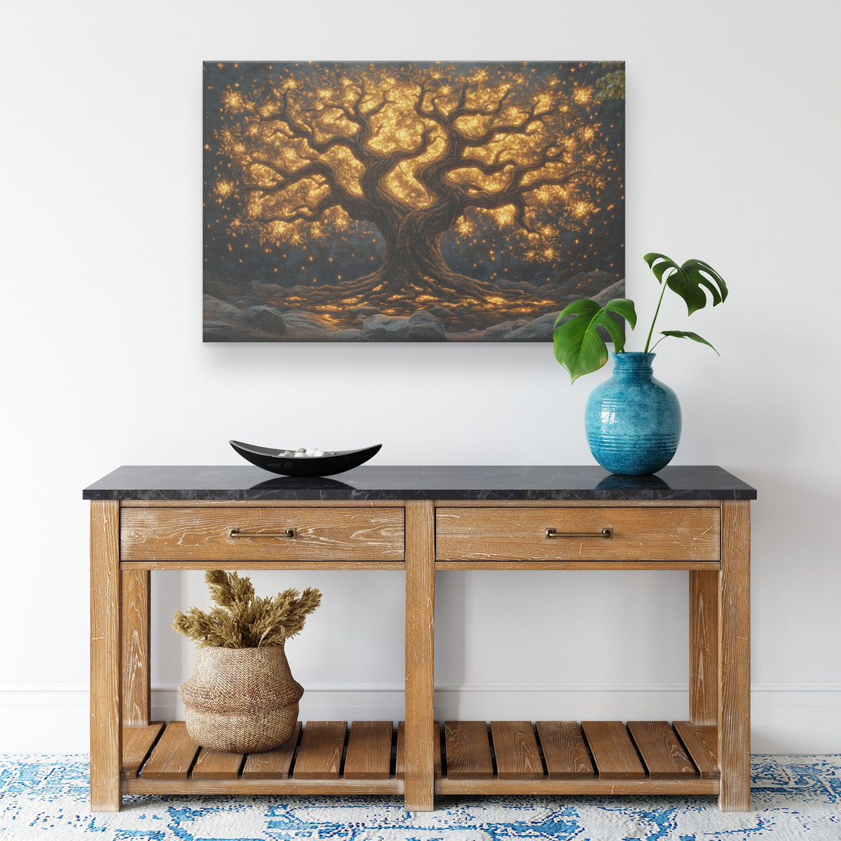 Golden Tree of Life Illuminating Darkness Christian Canvas Wall Art for Faith Inspired Home and Spiritual Decor - Awakening Righteousness