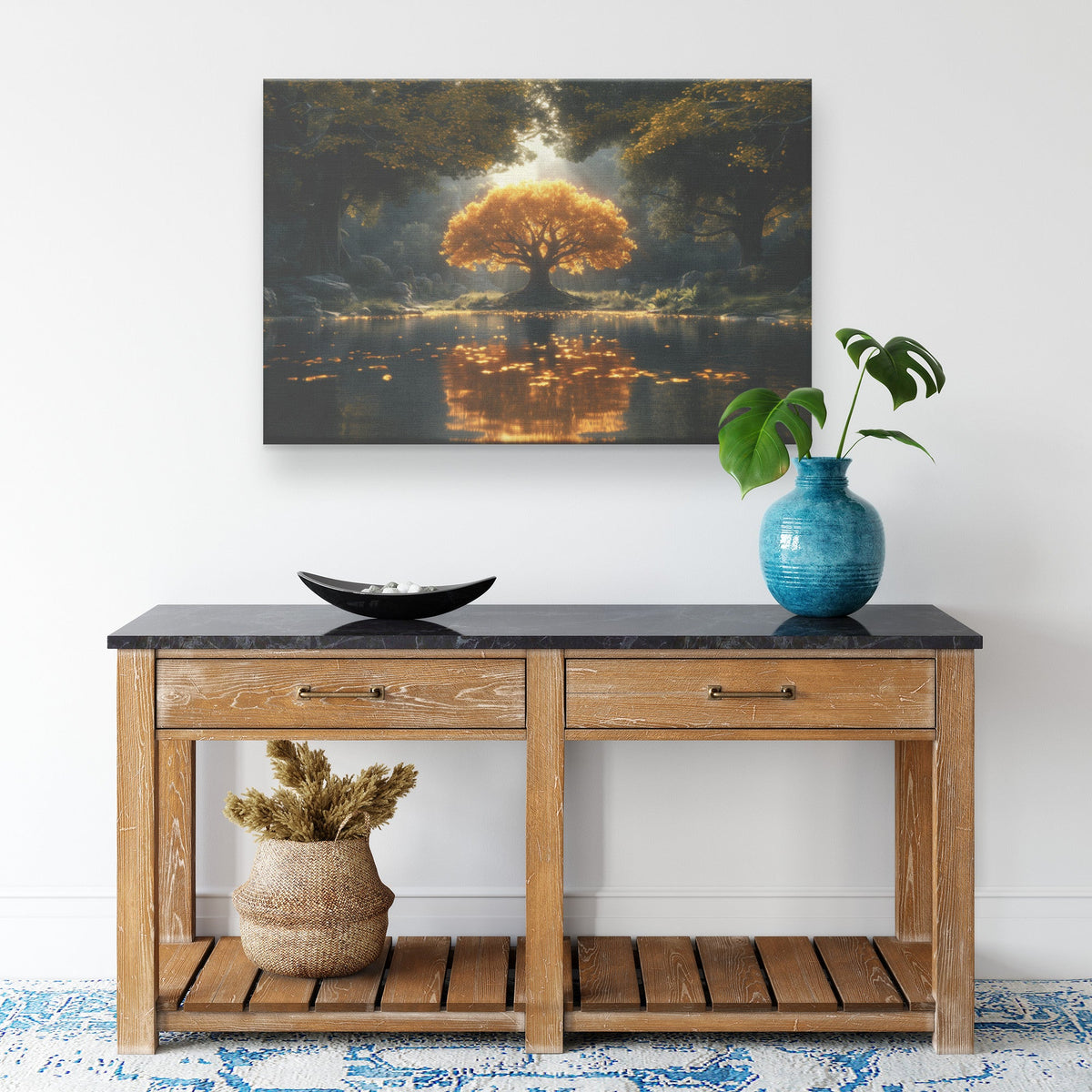 Golden Tree of Life in Enchanted Forest with Glowing Light Reflecting on Water Christian Canvas Wall Art Decor - Awakening Righteousness