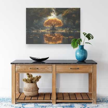 Golden Tree of Life in Enchanted Forest with Glowing Light Reflecting on Water Christian Canvas Wall Art Decor - Awakening Righteousness