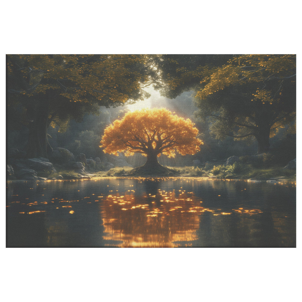 Golden Tree of Life in Enchanted Forest with Glowing Light Reflecting on Water Christian Canvas Wall Art Decor - Awakening Righteousness