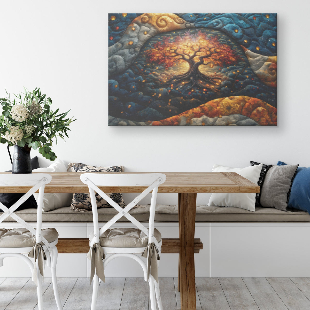 Golden Tree of Life Surrounded by Vibrant Quilted Landscape Canvas Wall Art Spiritual Home Decor - Awakening Righteousness
