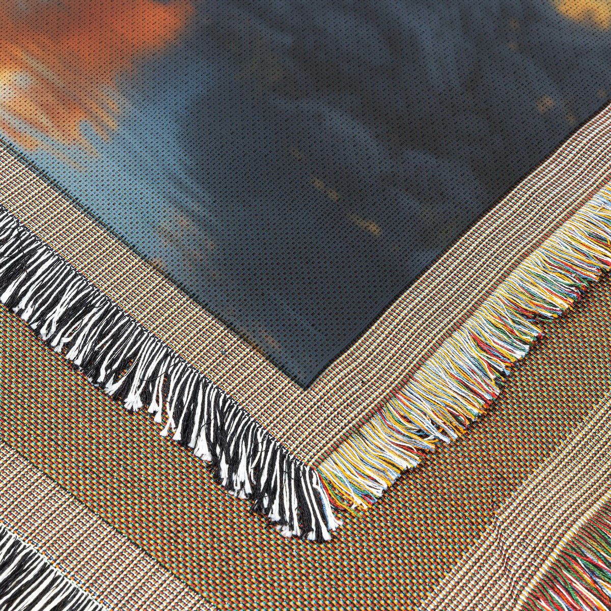 Golden Tree Reflection in Tranquil Lake Woven Throw Blanket - Awakening Righteousness