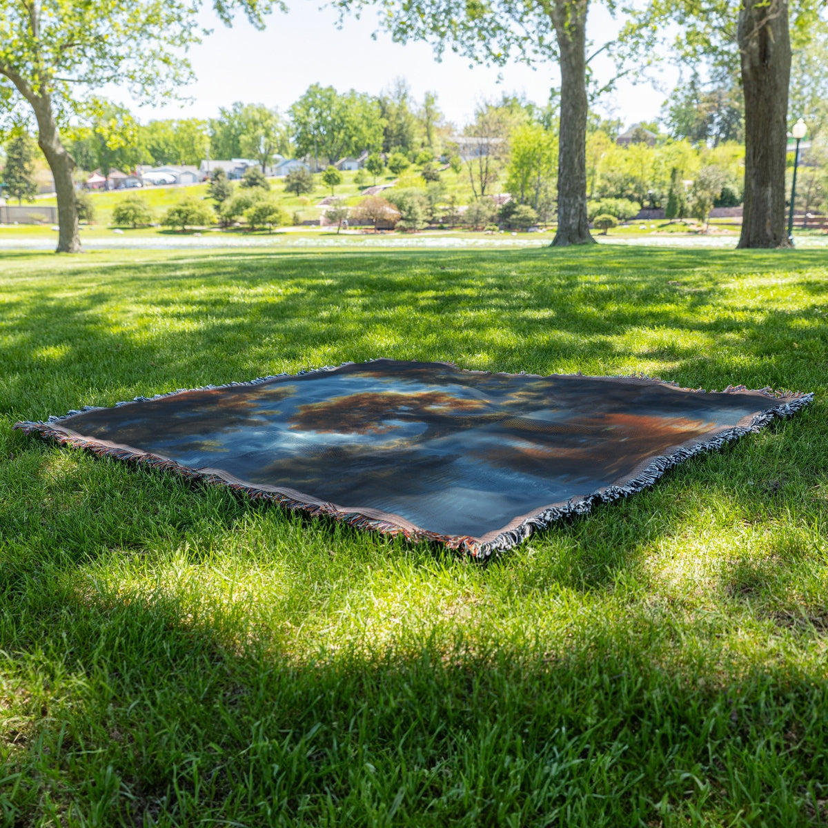 Golden Tree Reflection in Tranquil Lake Woven Throw Blanket - Awakening Righteousness