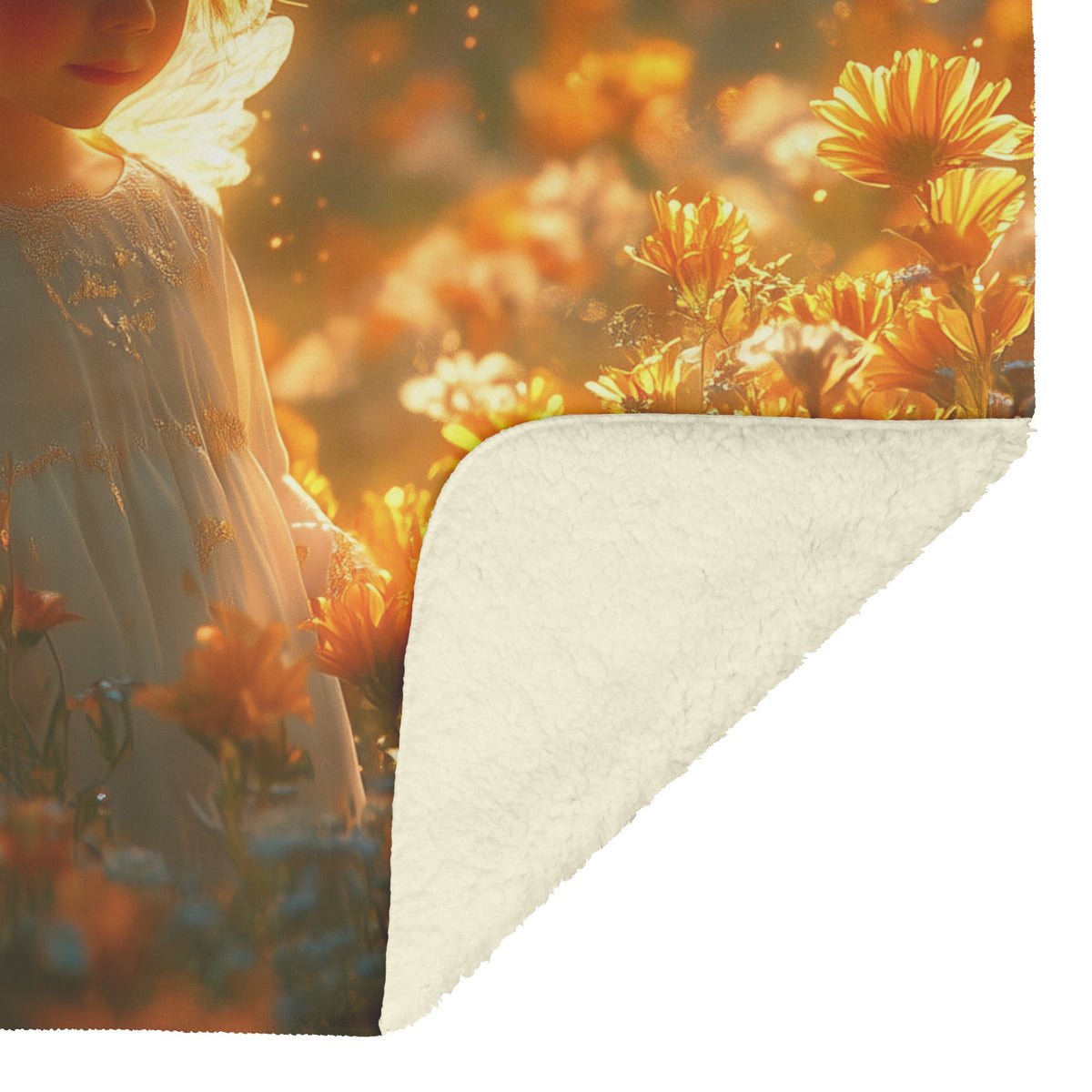 Golden Winged Angel in Flower Field Fleece Sherpa Blanket Peace and Tranquility - Awakening Righteousness