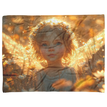 Golden Winged Angel in Sunlit Flower Field Fleece Cozy Christian Sherpa Blanket Peace and Magic - Awakening Righteousness
