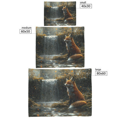 Graceful Fox Near Glowing Waterfall Peaceful Forest Lush Green Moss Fleece Sherpa Blanket - Awakening Righteousness
