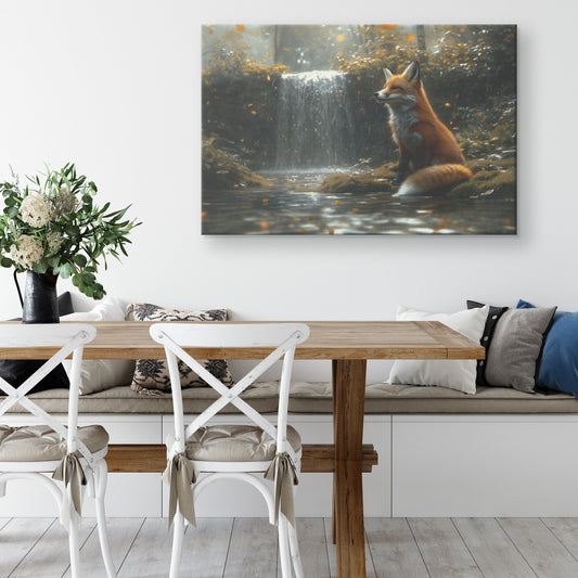 Graceful Fox Sitting by Glowing Waterfall in Peaceful Forest Canvas Wall Art Decor for Home or Office - Awakening Righteousness