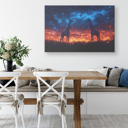 Graceful Giraffes Under Starry Twilight Sky With Glowing Grasslands Canvas Wall Art for Rustic Wildlife Decor - Awakening Righteousness