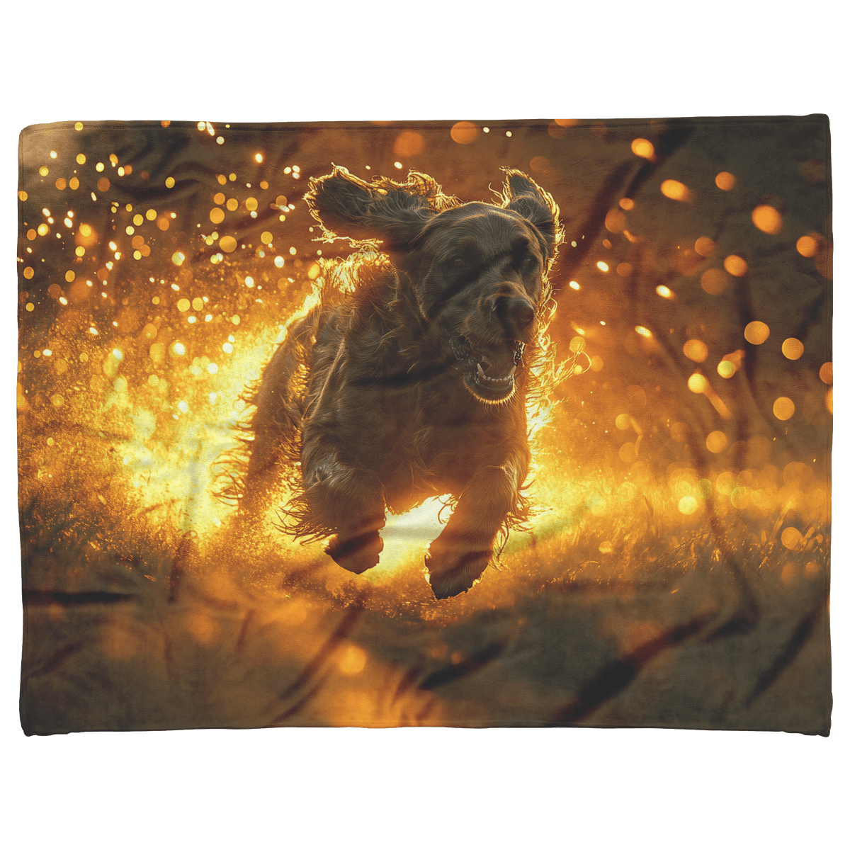 Great Dane in Mid Run Through Lush Green Field Surrounded by Shimmering Golden Textures and Glowing Light Trails Fleece Sherpa Blanket - Awakening Righteousness