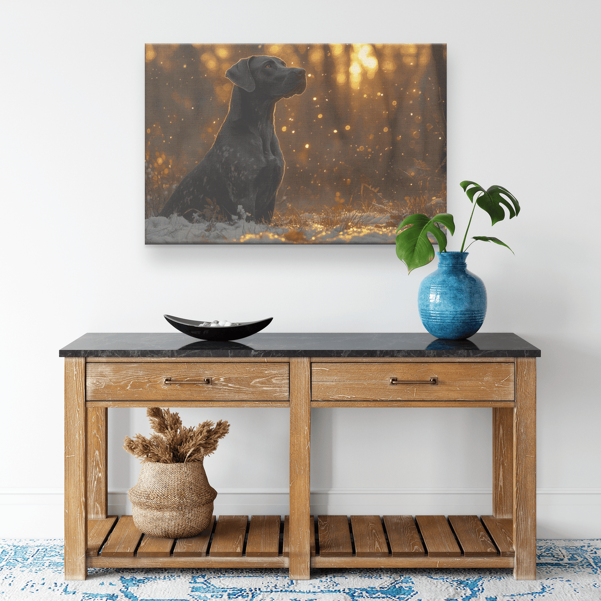 Great Dane In Snowy Forest Surrounded By Shimmering Textures And Radiant Golden Highlights Canvas Wall Art Decor - Awakening Righteousness