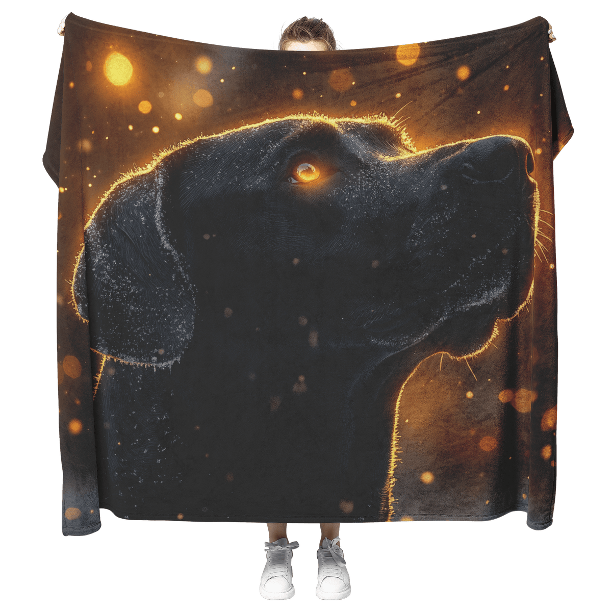 Great Dane in Snowy Forest Surrounded by Shimmering Textures and Radiant Golden Highlights Fleece Sherpa Blanket - Awakening Righteousness
