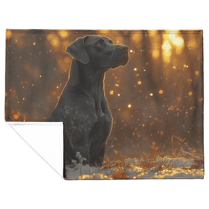 Great Dane in Snowy Forest Surrounded by Shimmering Textures and Radiant Golden Highlights Fleece Sherpa Blanket - Awakening Righteousness