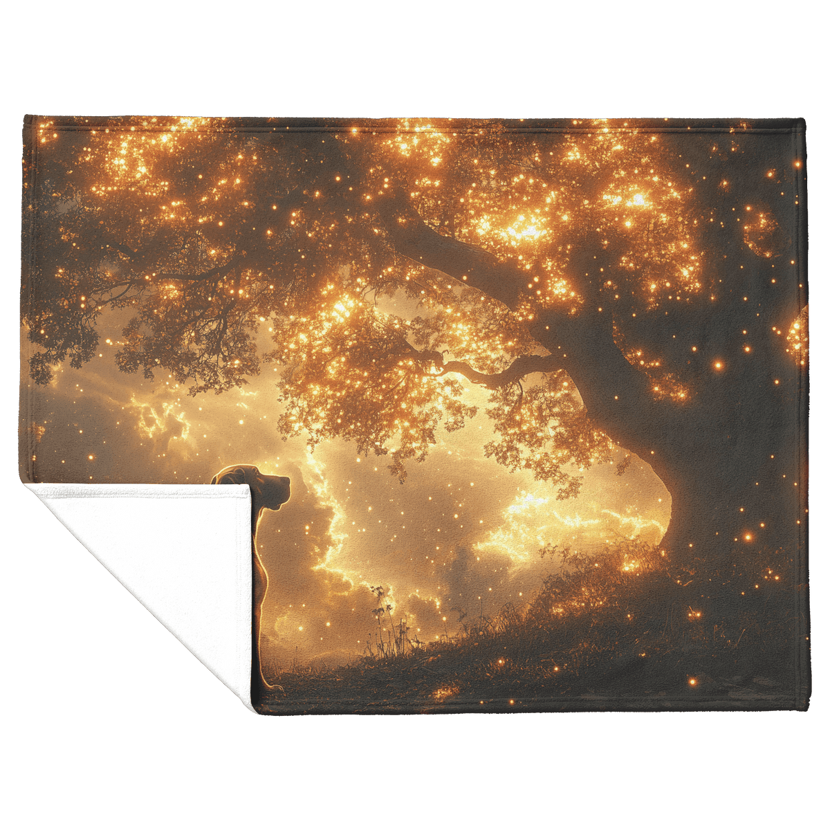 Great Dane Sitting Beneath Tree Surrounded by Cosmic Textures and Radiant Golden Light Rays Fleece Sherpa Blanket - Awakening Righteousness