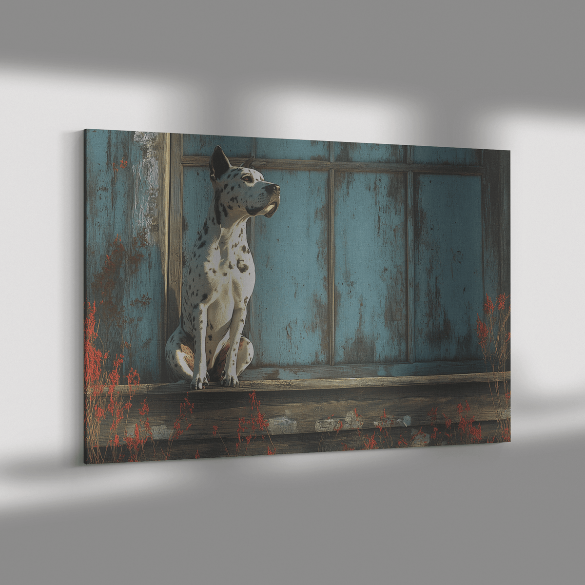 Great Dane Sitting On Rustic Wooden Porch With Shimmering Silver Textures And Glowing Reflections Canvas Wall Art Decor - Awakening Righteousness