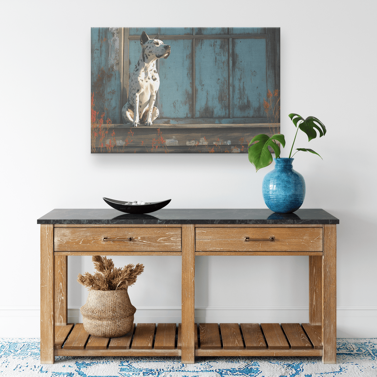 Great Dane Sitting On Rustic Wooden Porch With Shimmering Silver Textures And Glowing Reflections Canvas Wall Art Decor - Awakening Righteousness