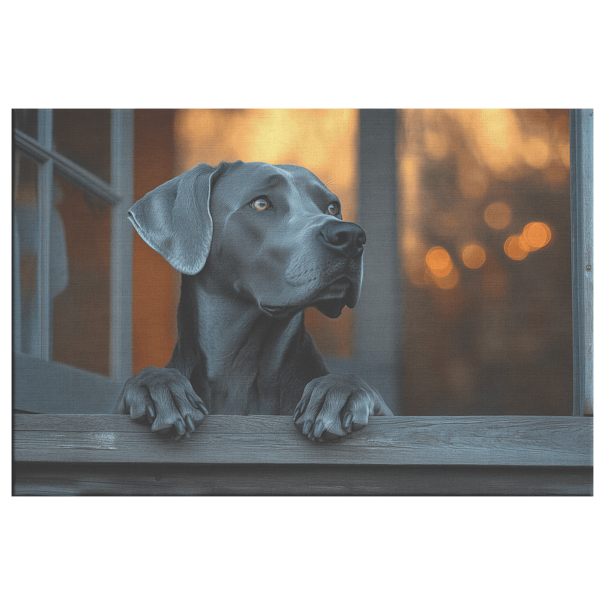 Great Dane Sitting On Rustic Wooden Porch With Shimmering Silver Textures And Glowing Reflections Canvas Wall Art Decor - Awakening Righteousness