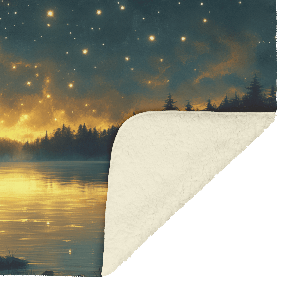 Great Dane Standing by Lake at Dusk Surrounded by Shimmering Stars and Cascading Silver Mist Fleece Sherpa Blanket - Awakening Righteousness