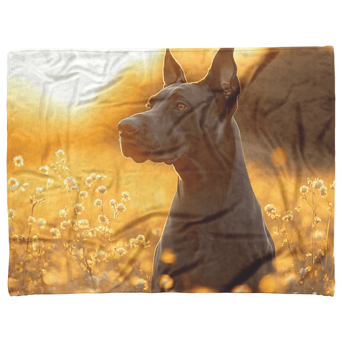 Great Dane Standing in Sunlit Meadow Surrounded by Shimmering Textures and Glowing Golden Light Trails Fleece Sherpa Blanket - Awakening Righteousness