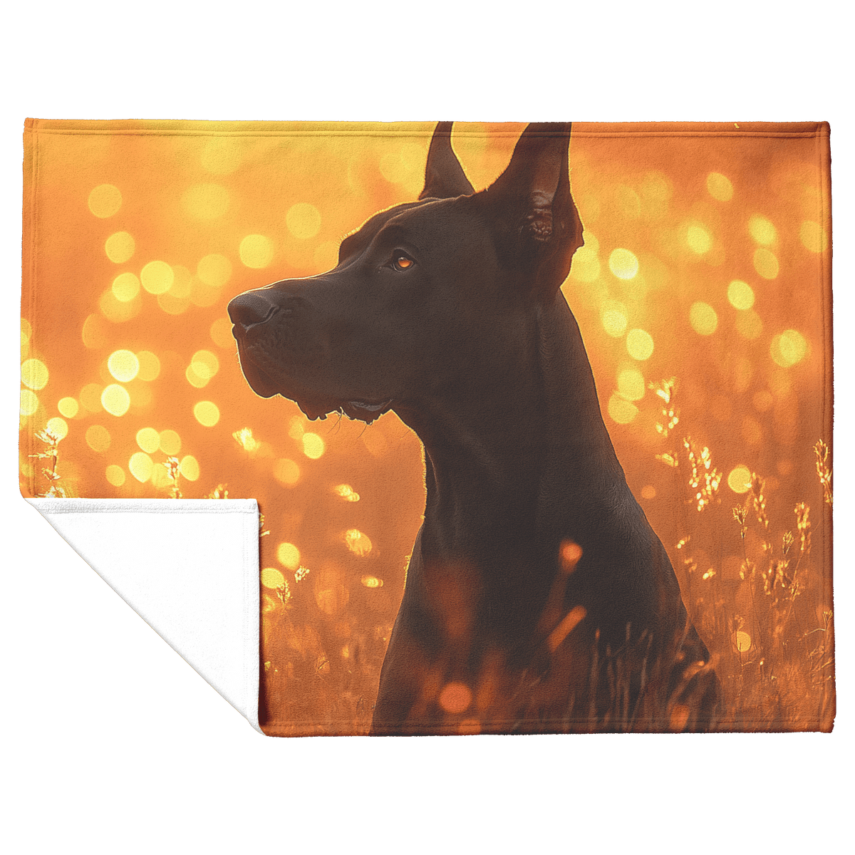 Great Dane Standing in Sunlit Meadow Surrounded by Shimmering Textures and Glowing Golden Light Trails Fleece Sherpa Blanket - Awakening Righteousness